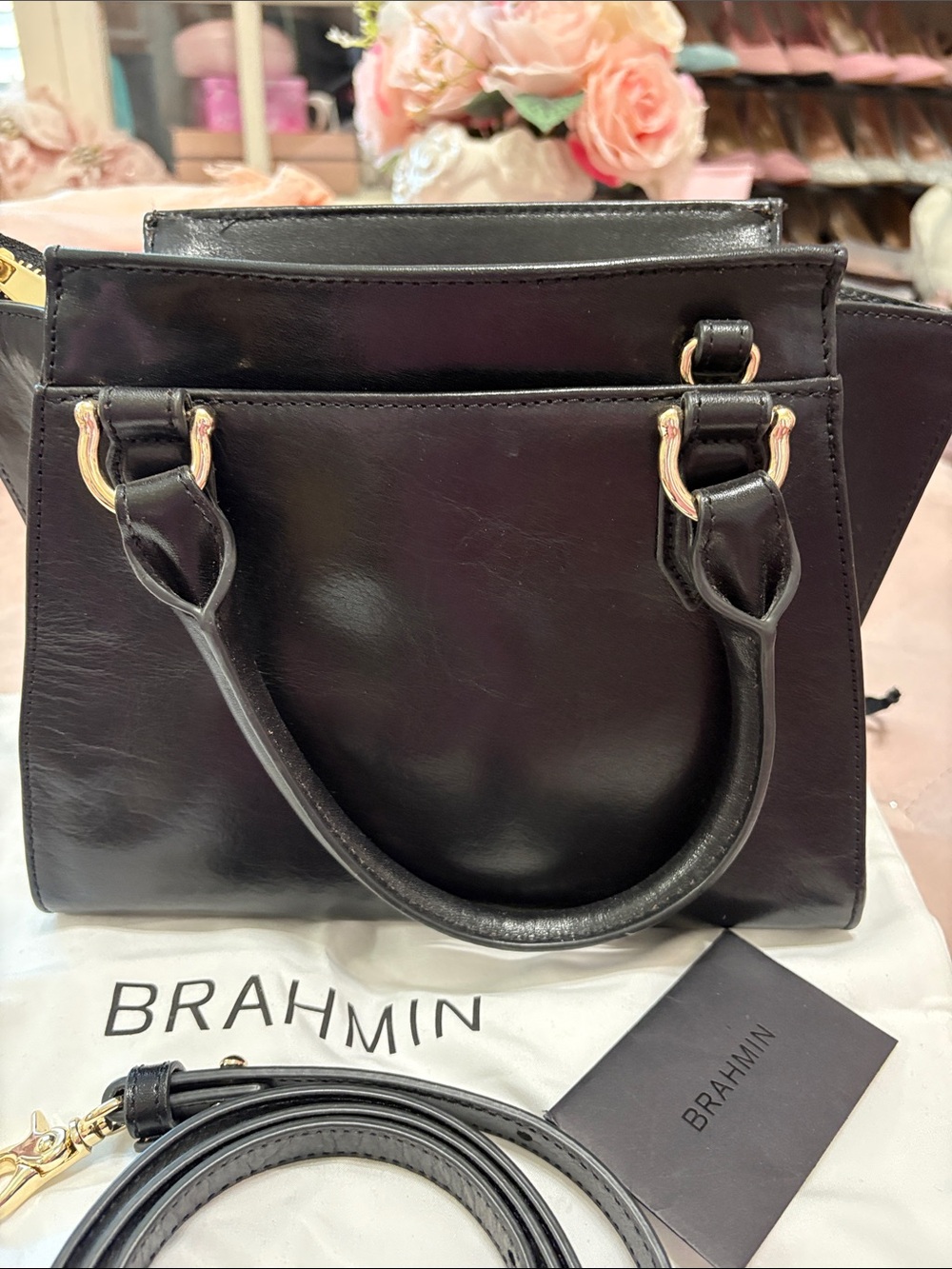 Brahmin Black Leather Satchel with Gold Hardware and Detachable Strap - Picture 7 of 12